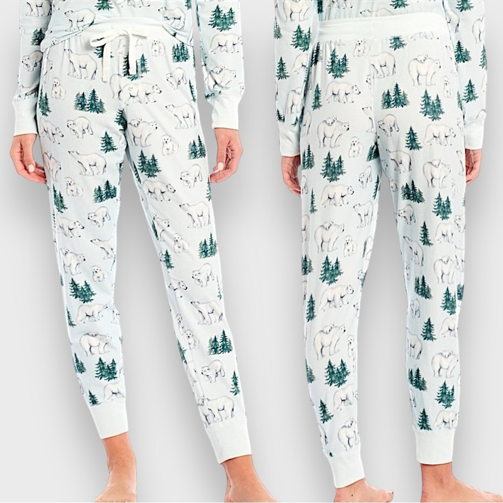 NWT PJ Salvage Polar Bear Print Velour Thermal Sleep Joggers In Ice Blue Medium